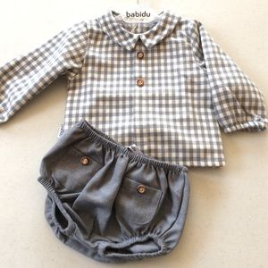 Boys Blue/ Gray Plaid Matching Short Set - 18 mos